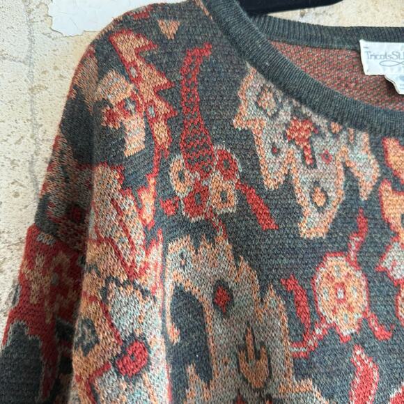 Vintage Wool Sweater Womens S Tapestry Floral Jacquard Pullover Grandpacore Prep - Picture 5 of 7